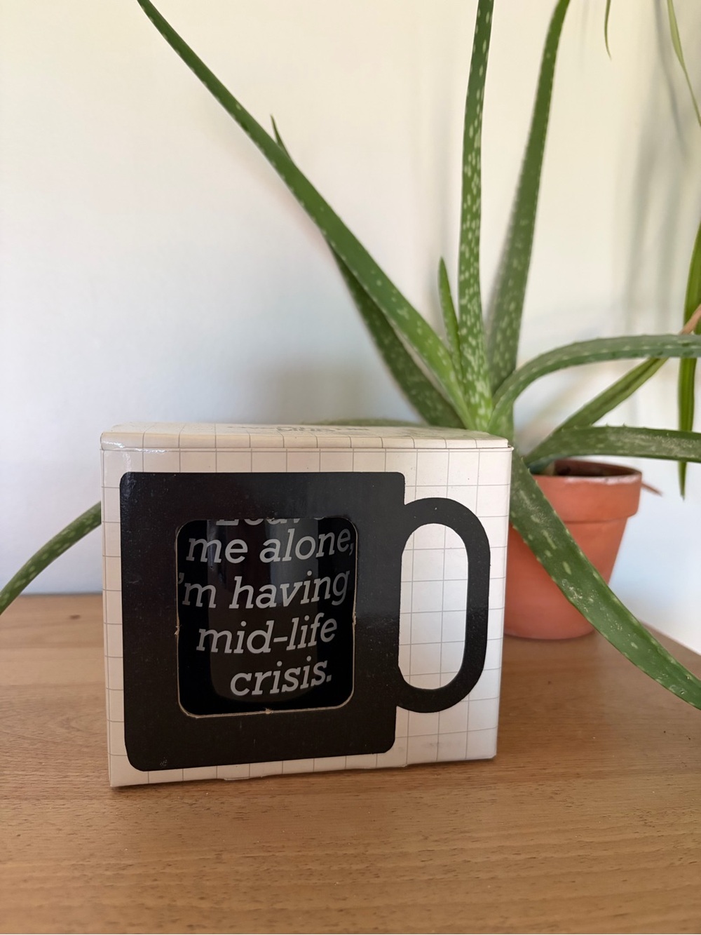 Novelty Mug Box with 'mid-life crisis' Graphic - Black and White
